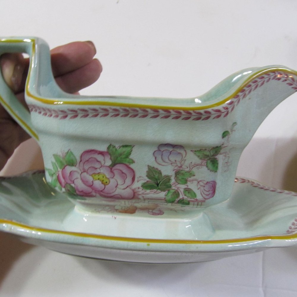 William Adams England Calyx Ware Floral Gravy Boat Underplate 2418 Antique china